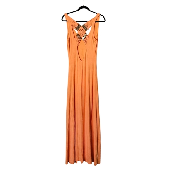Bebe Stretch Jersey Knit Orange Sleeveless Maxi Dress Gold Beaded Detail sz SM - Picture 3 of 6